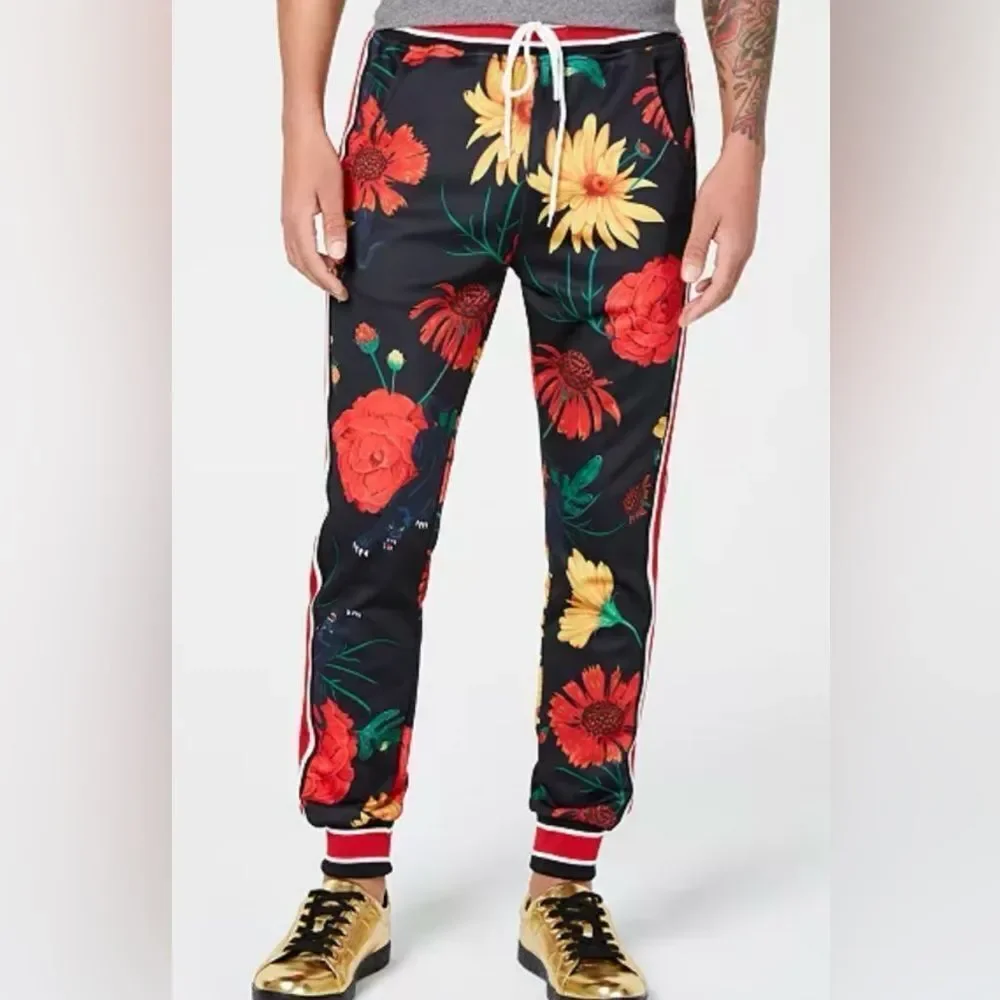 Reason Black and Red Floral Sweatpants with Sporty Stripes